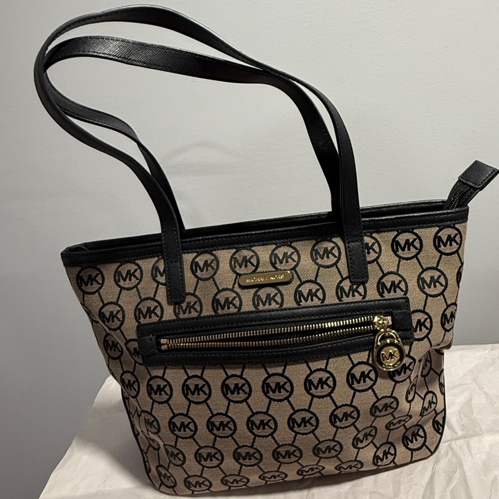 Michael Kors Tan and Black Shoulder Tote Bag signature logo jacquard